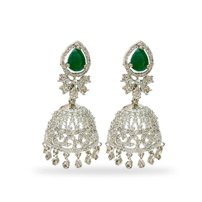 Silver Jhumkas With White And Green Stone