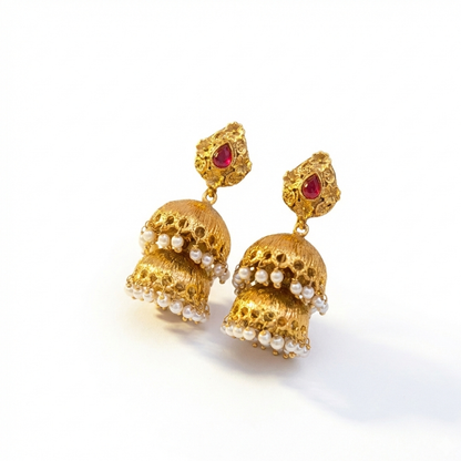 Gold Plated Jhumka Red Stones With White Beads
