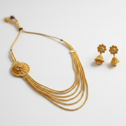 Gold plated Five layer necklace with flower Round Design