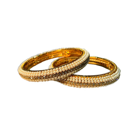 Gold Plated Pearl Bangles With White Stones
