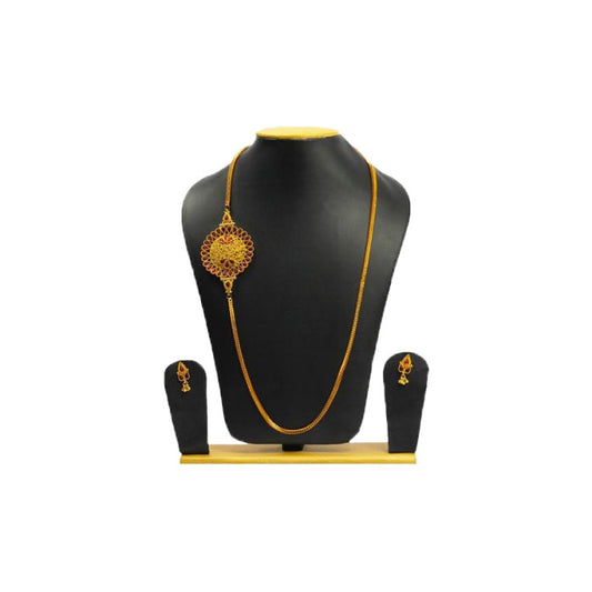 Gold Plated One Side Round Necklace With Red Stones
