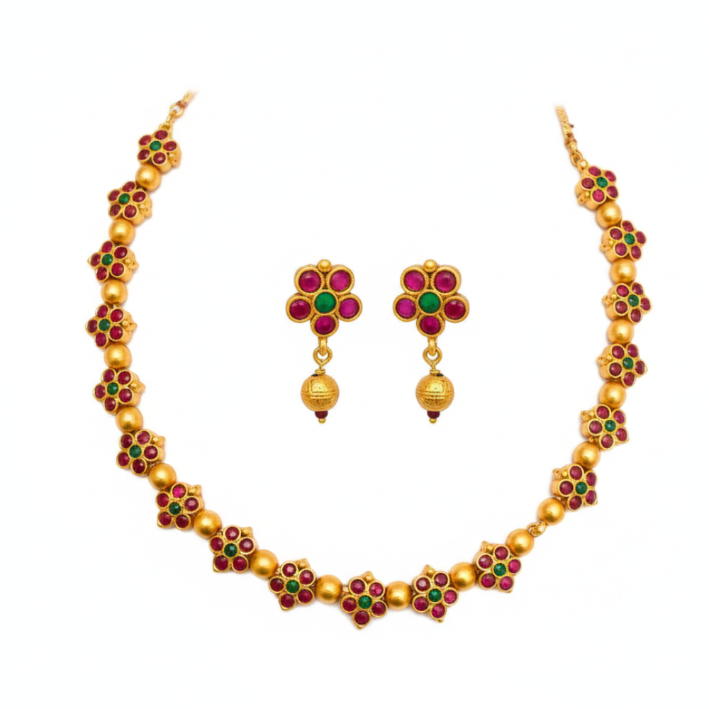 Red & Green Floral Design Necklace with Hanging Bead