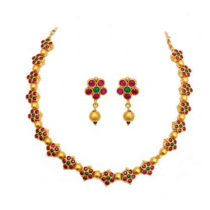 Red & Green Floral Design Necklace with Hanging Bead