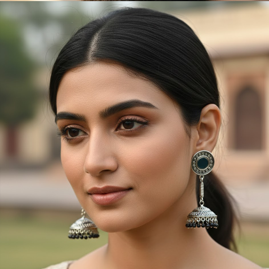 Long Hanging Jhumka with Mirror Stud & Black Beads