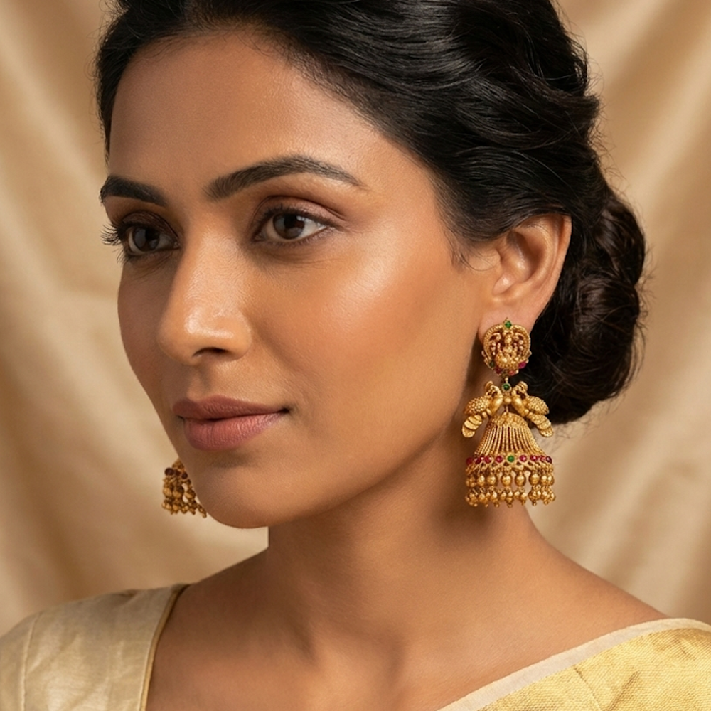 Double Peacock Red & Green Stones Jhumka