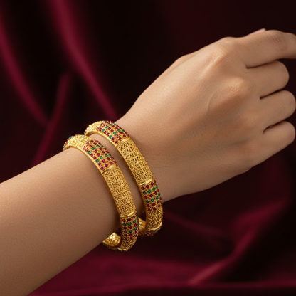 Gold Plated Bangles With Green & Red Stones