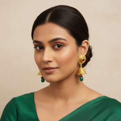 Red Stone Jhumka with Hanging Green Beads