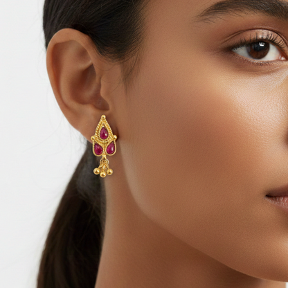 Red Kemp Stone Studs with Hanging Golden Beads