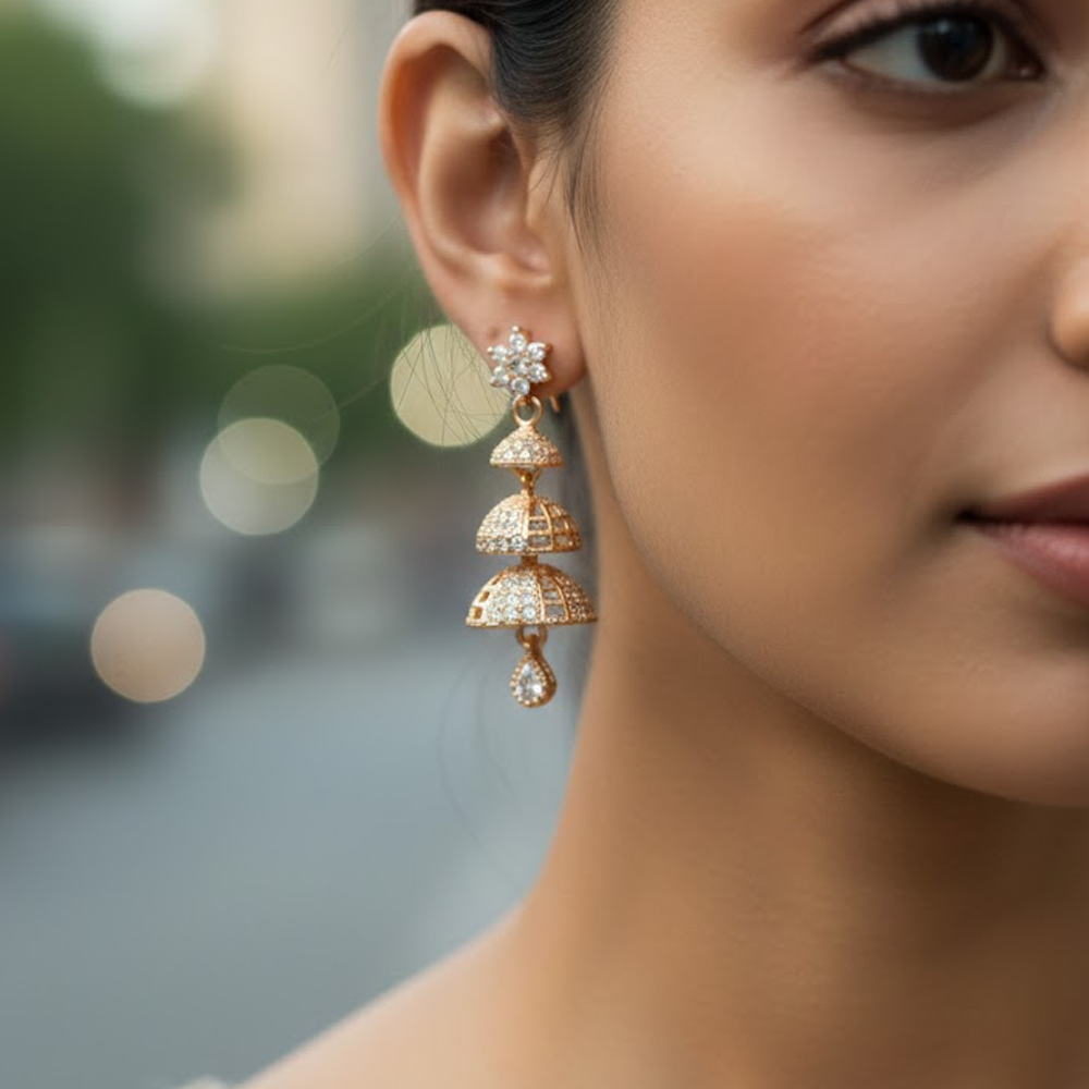 Triple Jhumka White Stones Umbrella Pattern