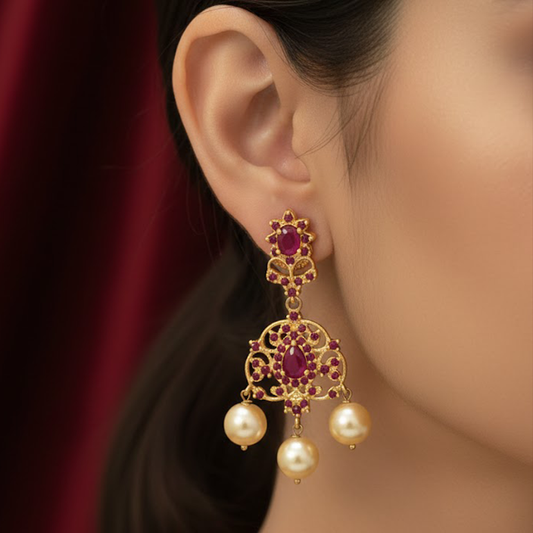 Ruby Stones Pearl Hanging Earrings