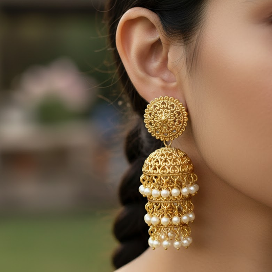 Three Line Jhumka with Hanging Pearls