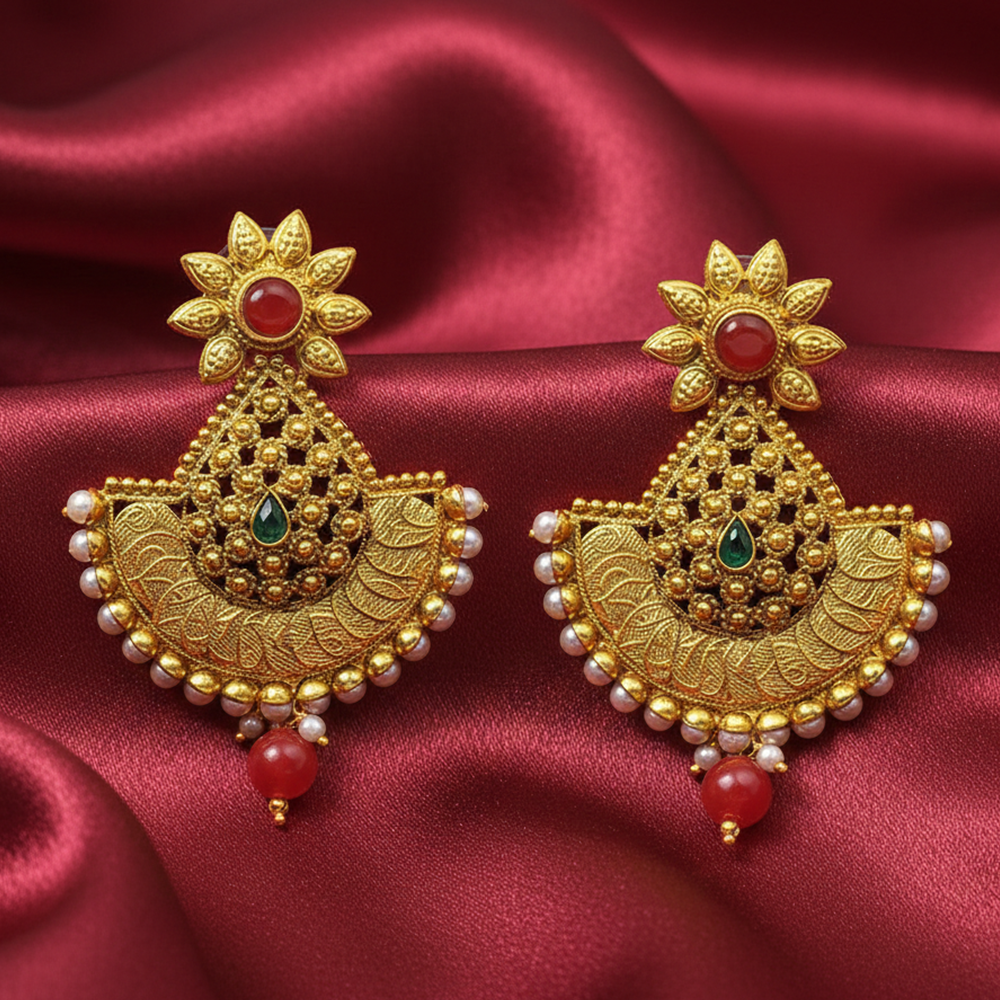 Red & Green Stone Flower Pattern Grand Chandbali
