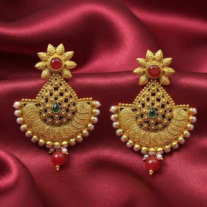 Red & Green Stone Flower Pattern Grand Chandbali