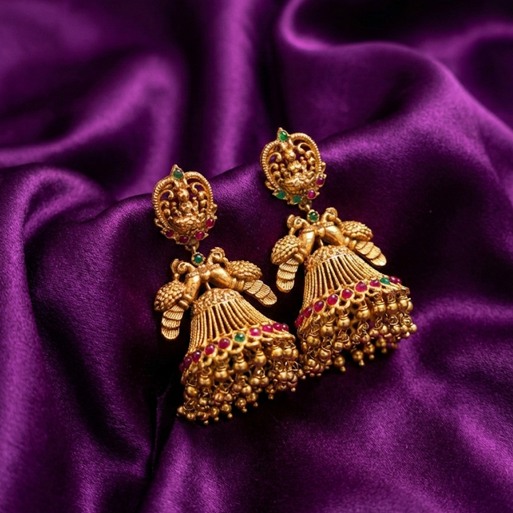 Double Peacock Red & Green Stones Jhumka