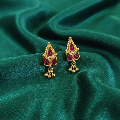 Red Kemp Stone Studs with Hanging Golden Beads