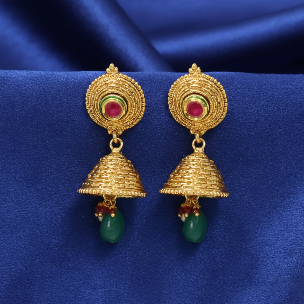 Red Stone Jhumka with Hanging Green Beads