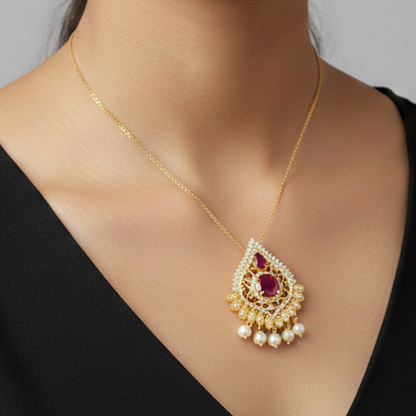 White and Pink Stone and White Pearls Pendant
