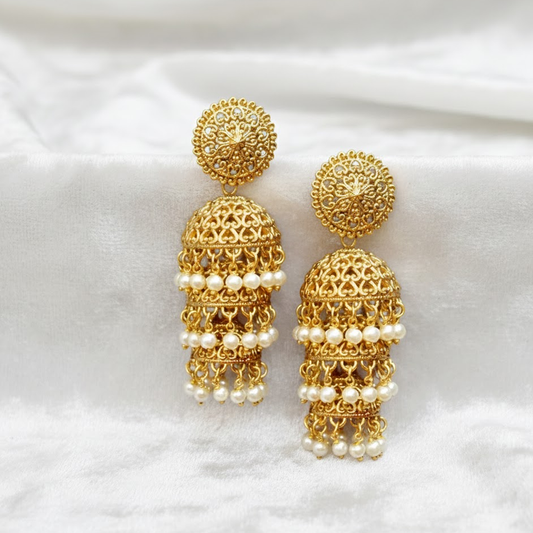 Three Line Jhumka with Hanging Pearls