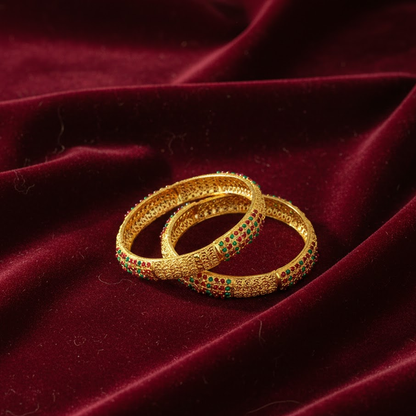 Gold Plated Bangles With Green & Red Stones