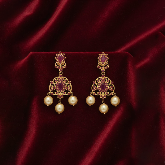 Ruby Stones Pearl Hanging Earrings