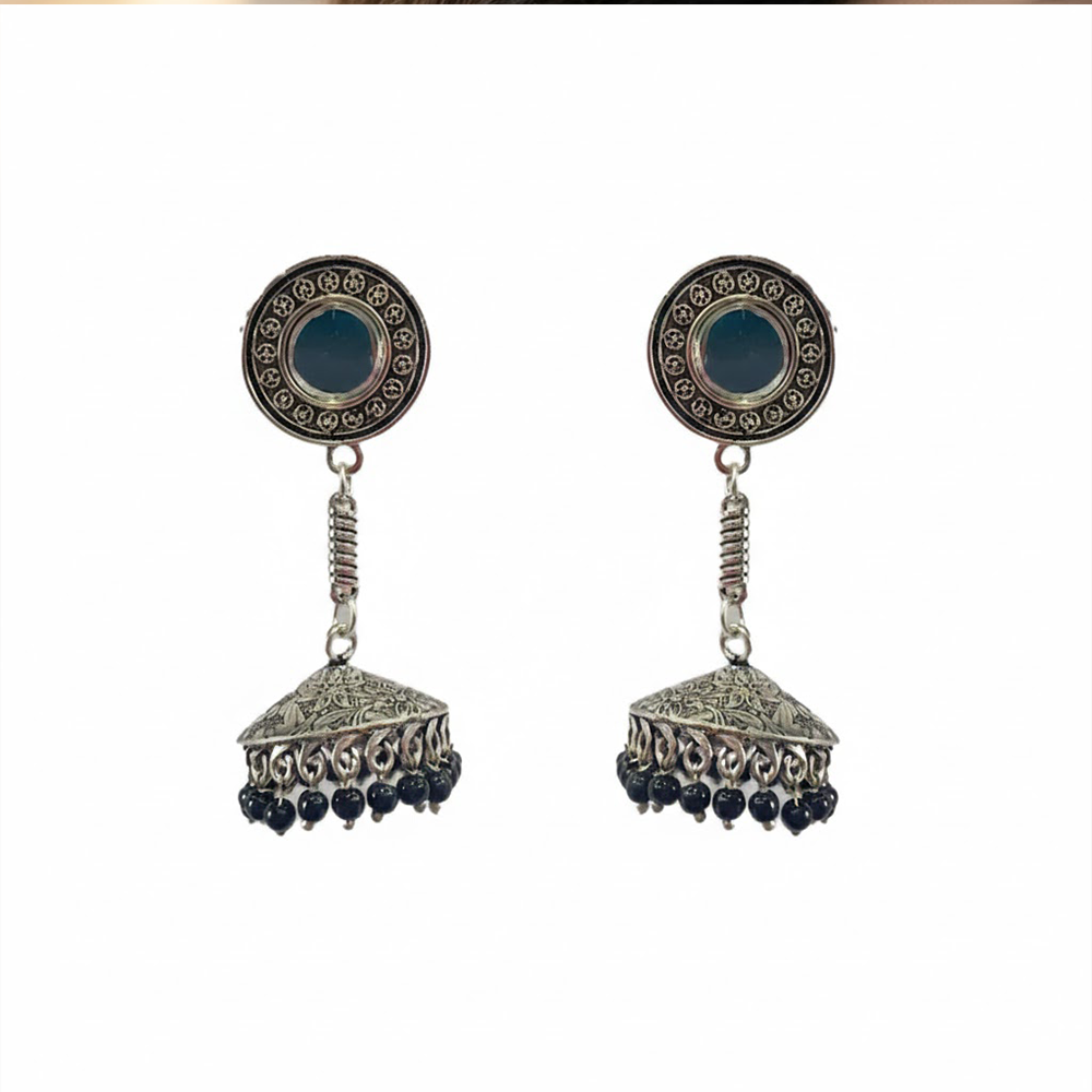 Long Hanging Jhumka with Mirror Stud & Black Beads