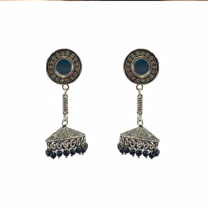 Long Hanging Jhumka with Mirror Stud & Black Beads