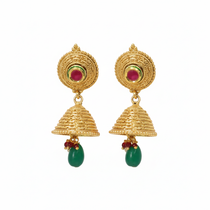 Red Stone Jhumka with Hanging Green Beads