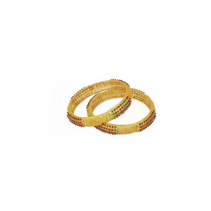 Gold Plated Bangles With Green & Red Stones