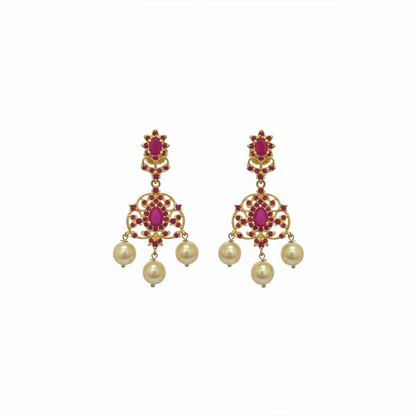 Ruby Stones Pearl Hanging Earrings