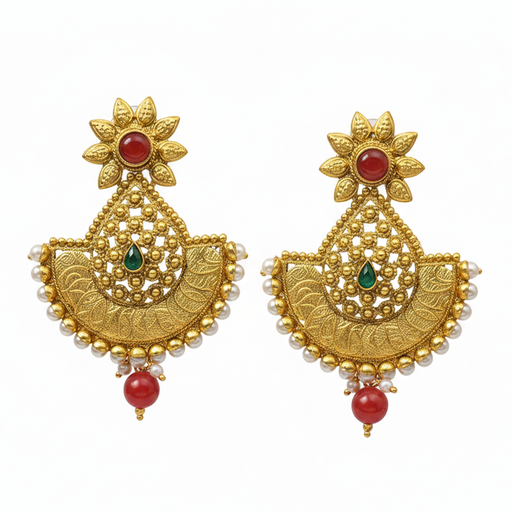 Red & Green Stone Flower Pattern Grand Chandbali