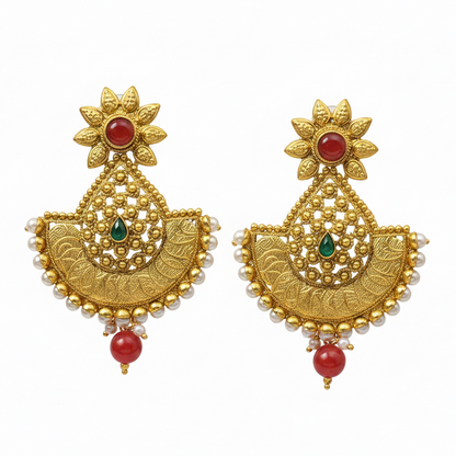 Red & Green Stone Flower Pattern Grand Chandbali