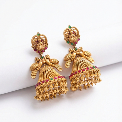 Double Peacock Red & Green Stones Jhumka