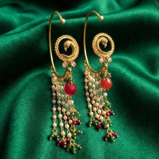 Pearls, Red & Green Beads Hanging Ear Cuff