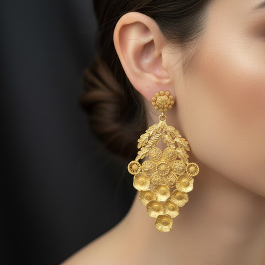 Gold Plated Leaf & Flower Pattern Long Earrings
