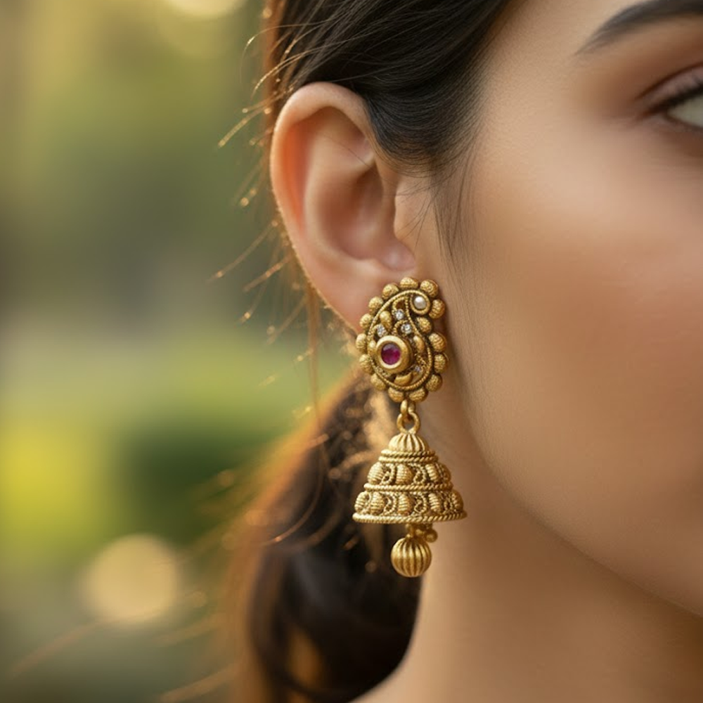 Maanga Design Red Stone Classic Antique Jhumka
