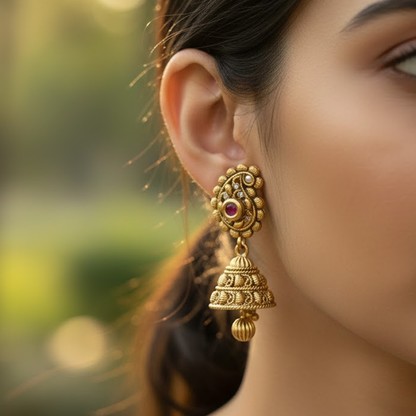 Maanga Design Red Stone Classic Antique Jhumka