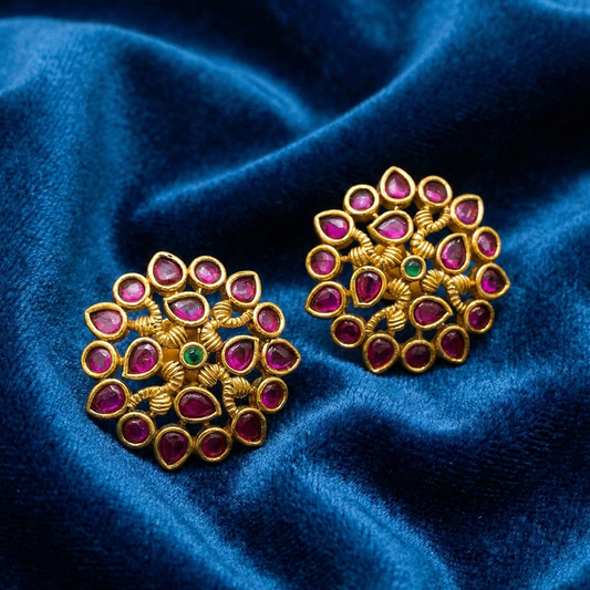 Antique Leaf Pattern Red Stones Studs