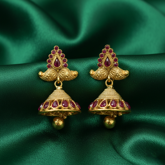 Manga Pattern Red Stone Jhumka with Hanging Beads