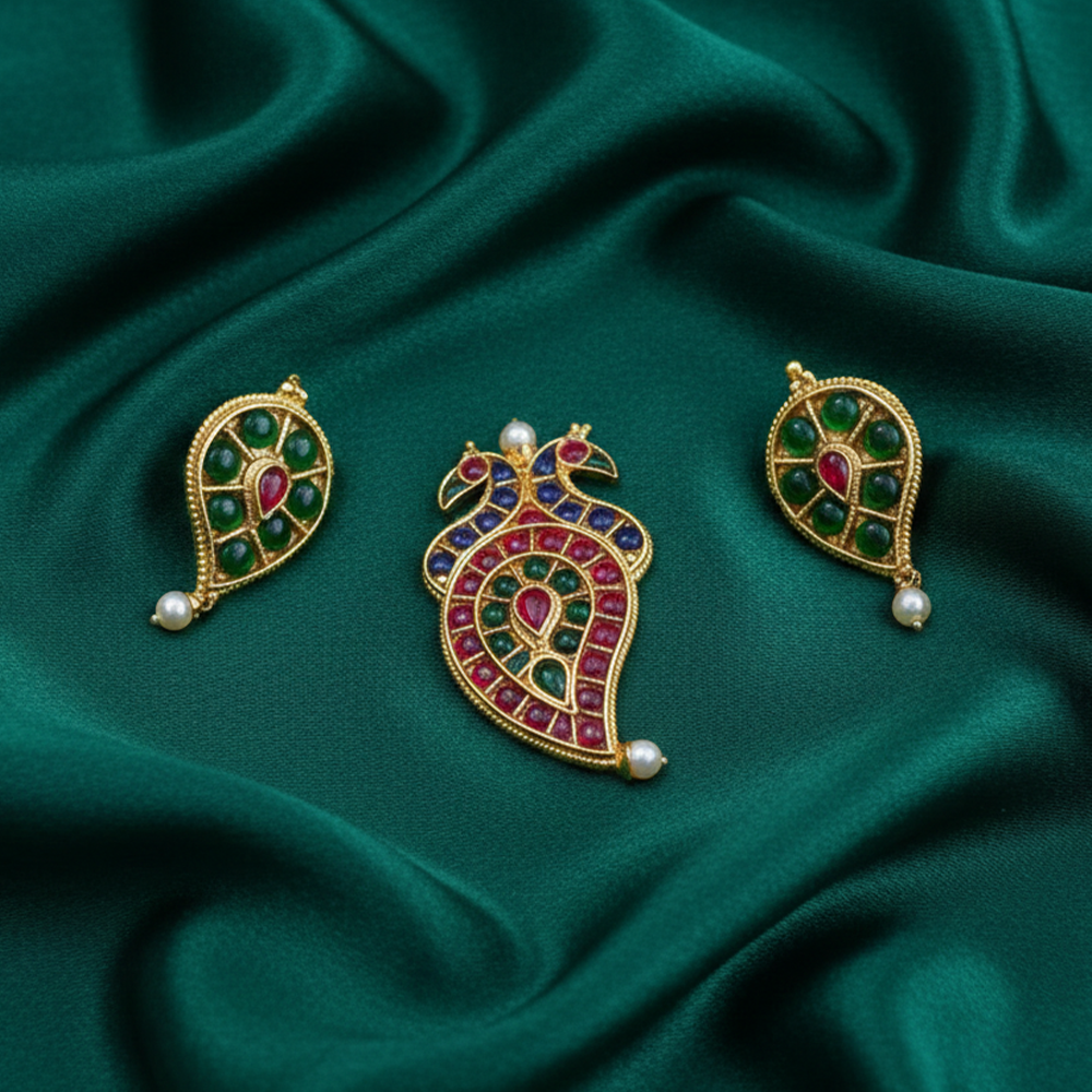 Double Peacock Pendant With Earrings - Blue, Green and Red