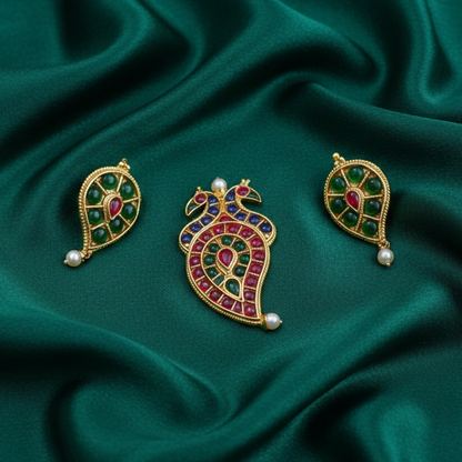 Double Peacock Pendant With Earrings - Blue, Green and Red