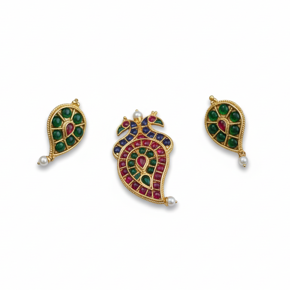 Double Peacock Pendant With Earrings - Blue, Green and Red