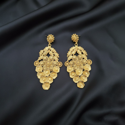 Gold Plated Leaf & Flower Pattern Long Earrings