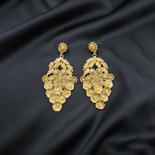 Gold Plated Leaf & Flower Pattern Long Earrings