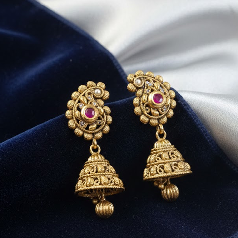 Maanga Design Red Stone Classic Antique Jhumka