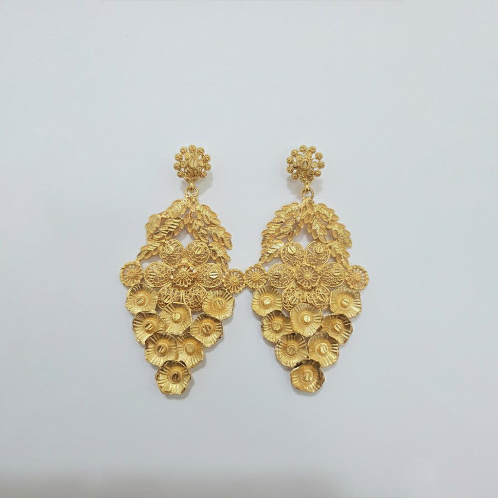 Gold Plated Leaf & Flower Pattern Long Earrings