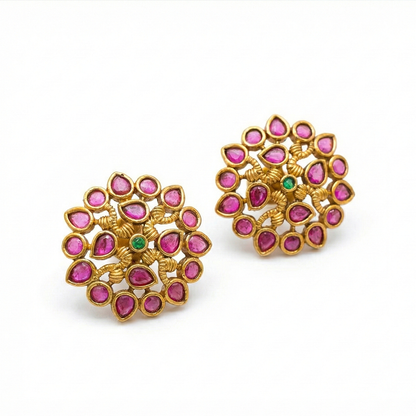 Antique Leaf Pattern Red Stones Studs