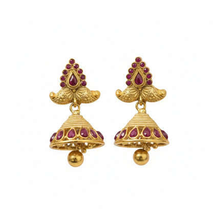 Manga Pattern Red Stone Jhumka with Hanging Beads