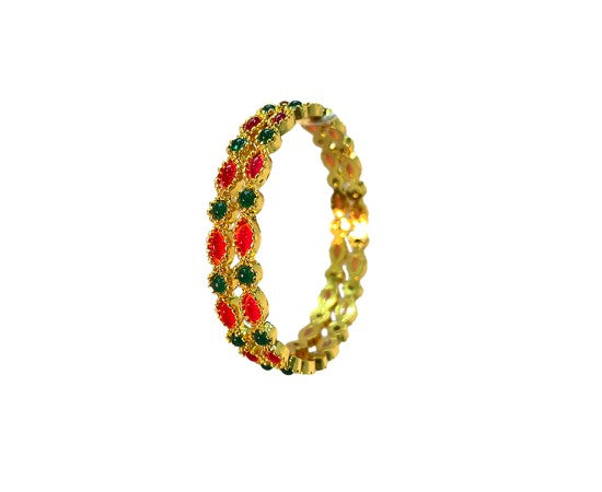GOLD PLATED KEMP BANGLES WITH ROUND OVAL RED AND GREEN STONES