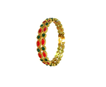 GOLD PLATED KEMP BANGLES WITH ROUND OVAL RED AND GREEN STONES