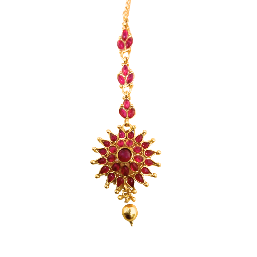Gold plated maang tikka with sun red stones